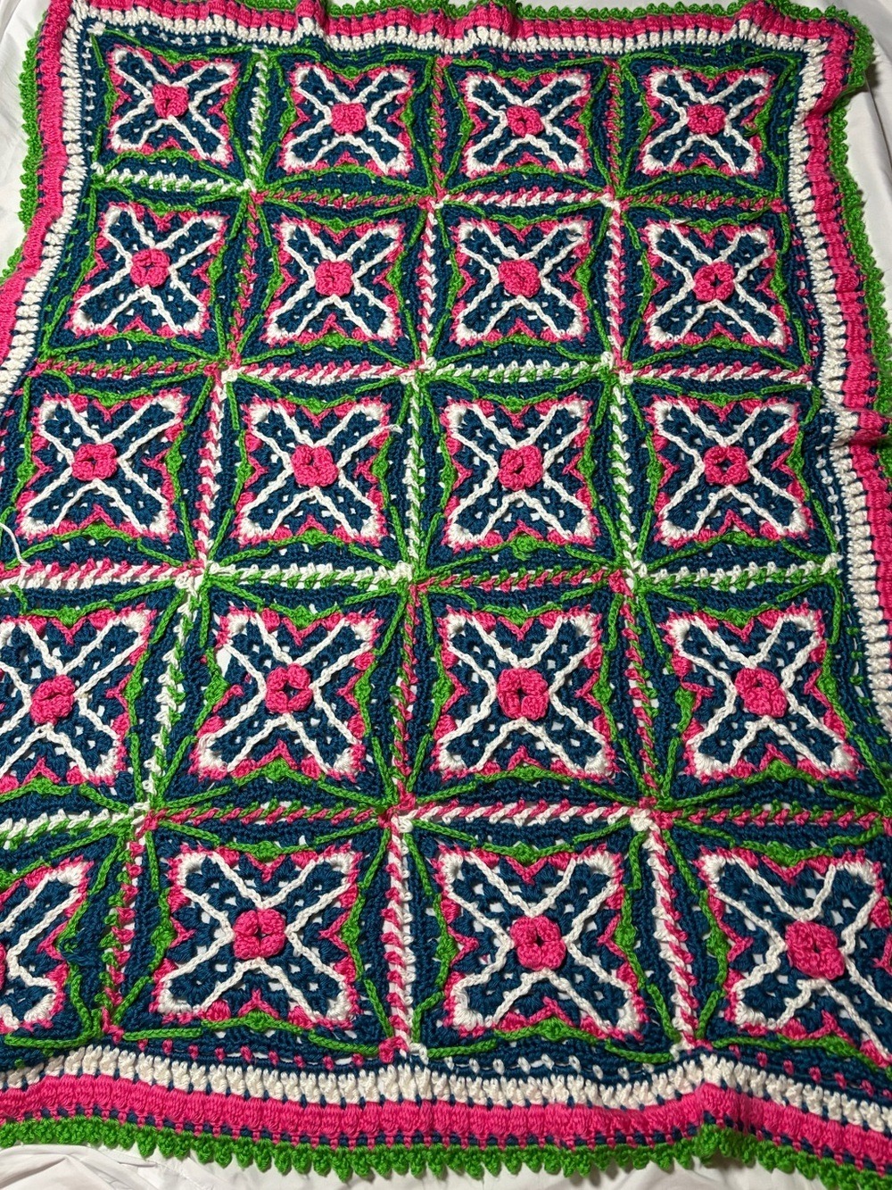 35” x 41” Afghan “X Marks the Spot” Design Crochet Blue Pink Granny Cottagecore